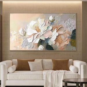 White Blooming Abstract Flower Canvas Painting Large 3D Flower Texture Wall Art Minimalist Fashion  Custom Painting Living Room Painting