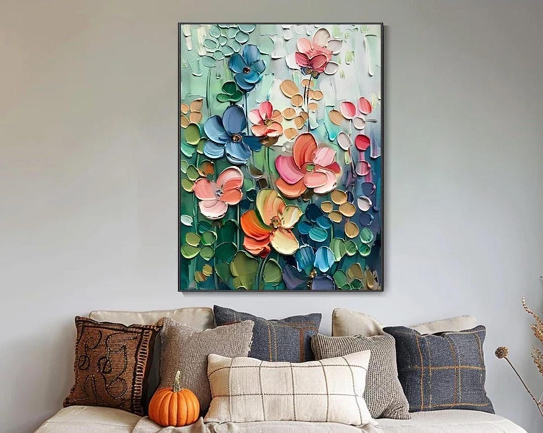 Abstract Colorful Flower Oil Painting on Canvas White 3D Textured Wall ...