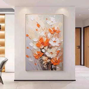 Handcrafted Orange Flower Oil Painting on Canvas Textured Abstract Framed Floral Wall Art Living Room Custom Minimalist Flower Painting