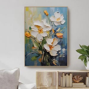 Framed 3D White Flower Creamy Textured Wall Art Blossom White Floral Textured Abstract Art Calming Painting Home Art Living Room Decor