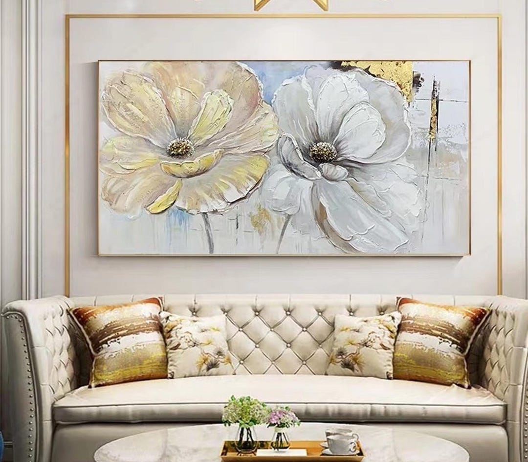 Heavy Texture 3D White and Gold Flower Oil Painting on Canvas,original ...