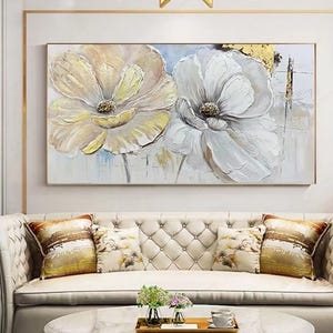 Schwere Textur 3D Weiß und Gold Blumen Ölgemälde auf Leinwand, Original Blumen Wanddekor, große abstrakte Blüte Wandkunst, Wohnzimmer Dekor
