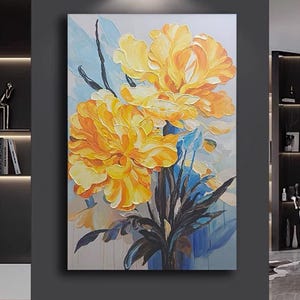 Handcrafted Blooming Yellow Flower Oil Painting on Canvas Textured Abstract Framed Floral Wall Art Living Room Minimalist Flower Painting