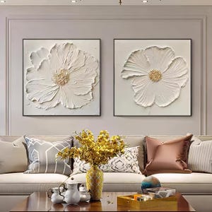 Ein Satz von 2 weiße Blume Gemälde auf Leinwand 3D schwer strukturierte Wand Kunst benutzerdefinierte Blumen Gemälde moderne Kunst Wohnzimmer trendige Blumen Wohnkultur