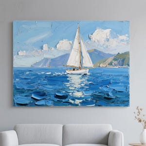 Abstrakte weiße Segelboote Gemälde auf Leinwand 3D Kunst Palettenmesser Segelboote Wandkunst Schwere Textur Minimalistische Seelandschaft Ölgemälde Kunst für Zuhause