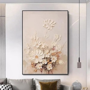 3D Original White Blooming Flower Painting on Canvas Creamy Textured Abstract Floral Wall Art Living Room Framed Flower Painting Home Art