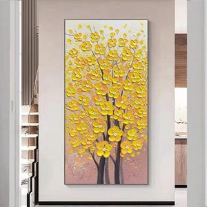 Handcrafted Blooming Yellow Flower Oil Painting on Canvas Textured Abstract Framed Floral Wall Art Living Room Minimalist Flower Painting
