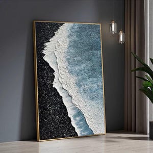 Abstract Minimalist Beach Oil Painting Textured on Canvas,Original Blue Textured Wall Art,Custom Ocean Wave Painting,Living Room Wall Decor