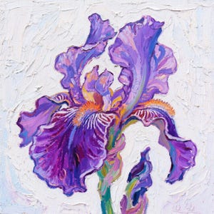 Pintura a óleo sobre tela de flor de íris florescendo, textura abstrata, floral roxo, arte de parede, quarto, sala de estar, decoração de parede texturizada feita à mão