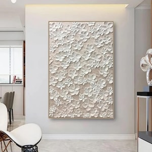 3D Original White Flower Painting On Canvas Wall Art White Textured Abstract Floral Art Living Room Custom Framed Flower Painting Home Art