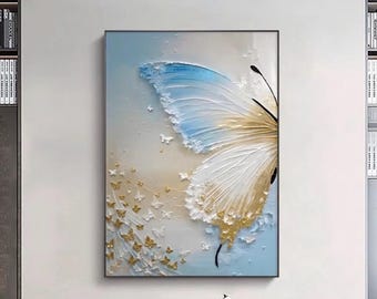 Minimalist Blue Butterfly Oil Painting on Canvas Original Heavy Textured Abstract Wall Art Living Room  Large Modern Butterfly Painting