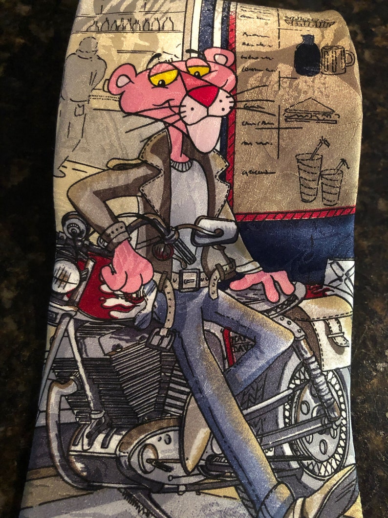 pink panther necktie motorcycle biker animal silk tie Italy 1993 vintage MGM vintage thunder road diner leather jacket Harley Davidson