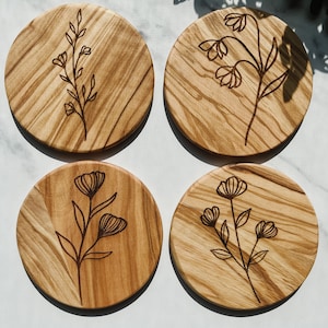 Wildflower Coaster Set Set of 4 Wooden Coasters Olive Wood Wood Grain Floral image 2