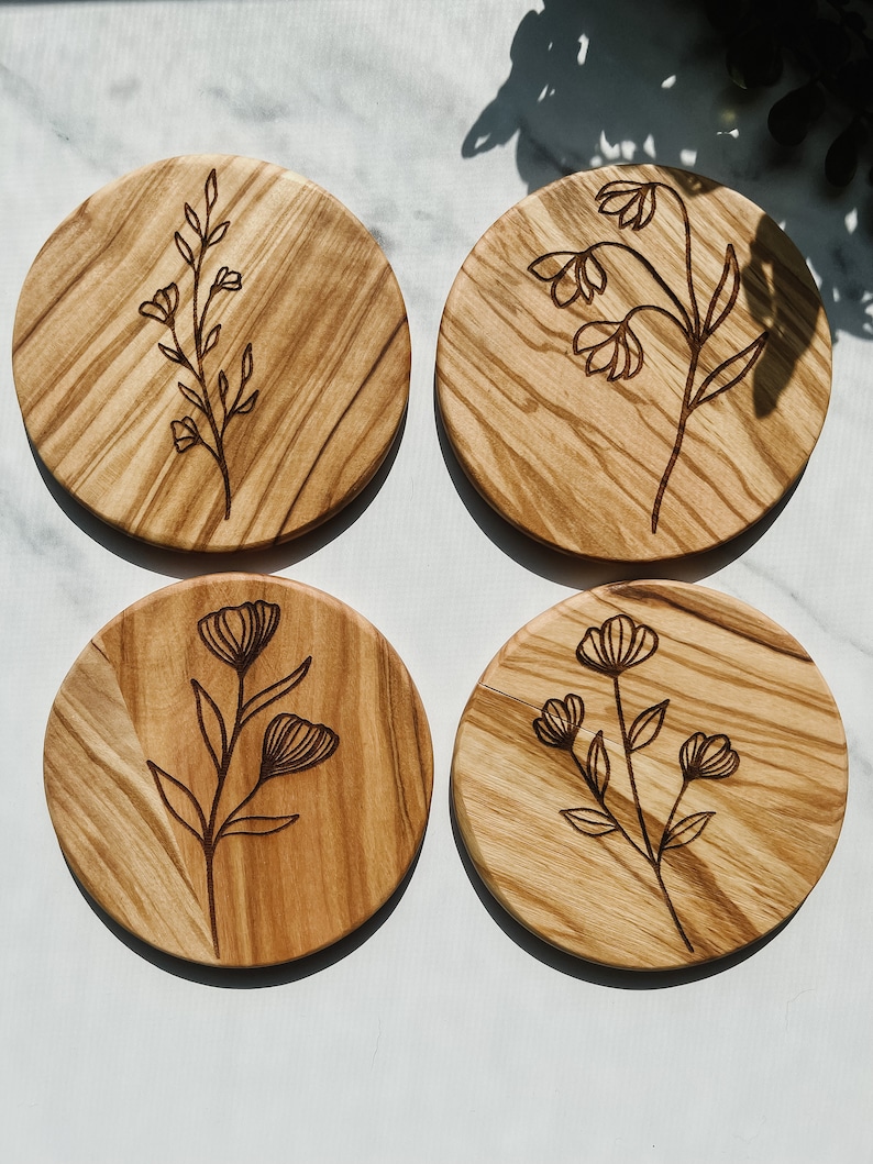 Wildflower Coaster Set Set of 4 Wooden Coasters Olive Wood Wood Grain Floral image 2