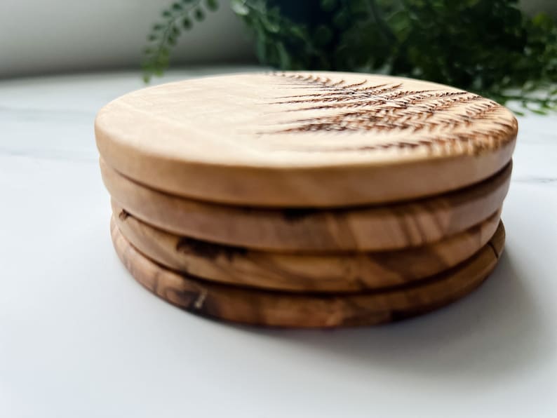 Fern Coaster Set, Set of 4, Wooden Coasters, Olive Wood, Wood Grain, Botanical image 7