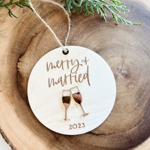 Merry + Married Ornament, Wedding Ornament, Wedding Gift, Anniversary Gift, Newlyweds, Wooden Ornaments, Christmas Ornament