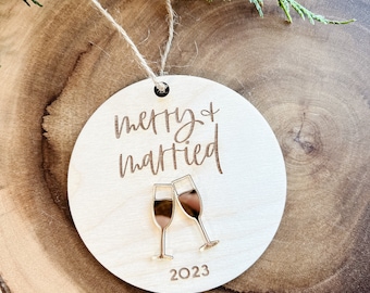 Merry + Married Ornament, Wedding Ornament, Wedding Gift, Anniversary Gift, Newlyweds, Wooden Ornaments, Christmas Ornament