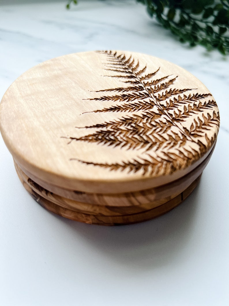 Fern Coaster Set, Set of 4, Wooden Coasters, Olive Wood, Wood Grain, Botanical image 8