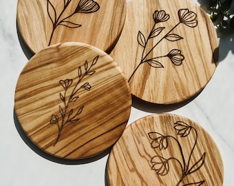 Wildflower Coaster Set | Set of 4| Wooden Coasters | Olive Wood | Wood Grain | Floral