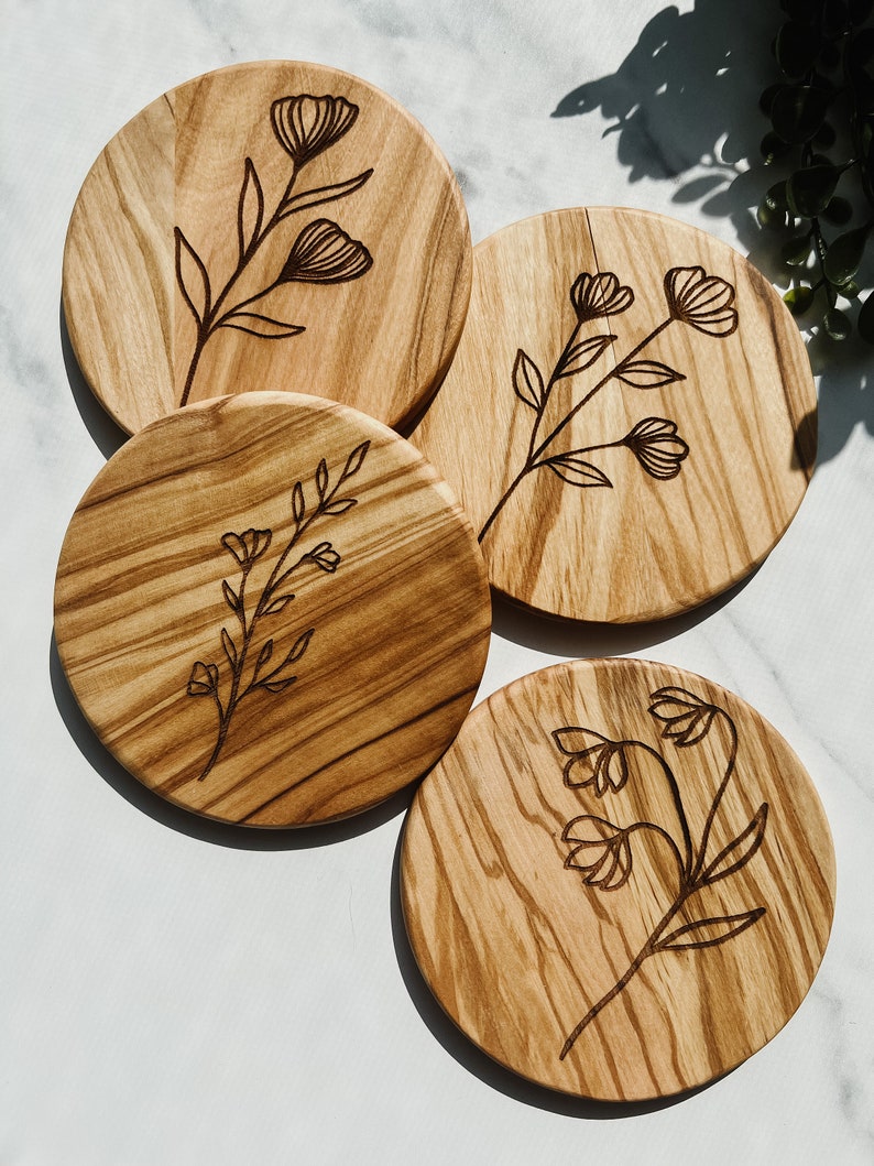 Wildflower Coaster Set Set of 4 Wooden Coasters Olive Wood Wood Grain Floral image 1