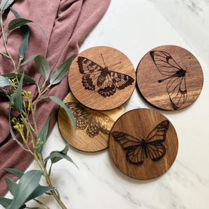 Butterfly Coaster Set, Nature Themed Coaster, Engraved Wooden Coasters, Rustic Butterfly Coasters, Gifts for Mom, Laser Engraved Gifts