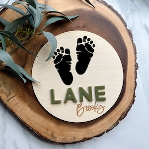 Custom Baby Name Sign with 3D Acrylic and Wood, Newborn Footprint Sign, Hospital Name Sign for Birth Announcement, Baby Name Sign