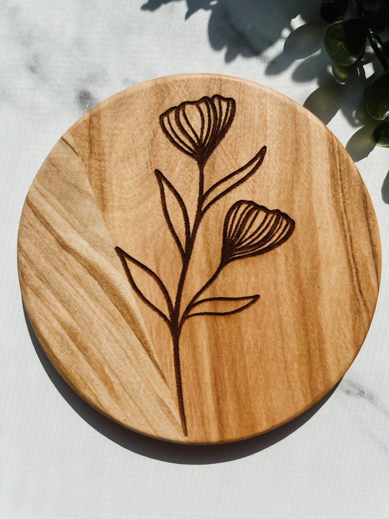 Wildflower Coaster Set Set of 4 Wooden Coasters Olive Wood Wood Grain Floral image 6