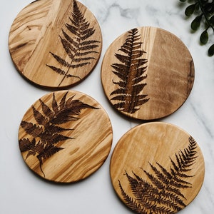 Fern Coaster Set, Set of 4, Wooden Coasters, Olive Wood, Wood Grain, Botanical image 2