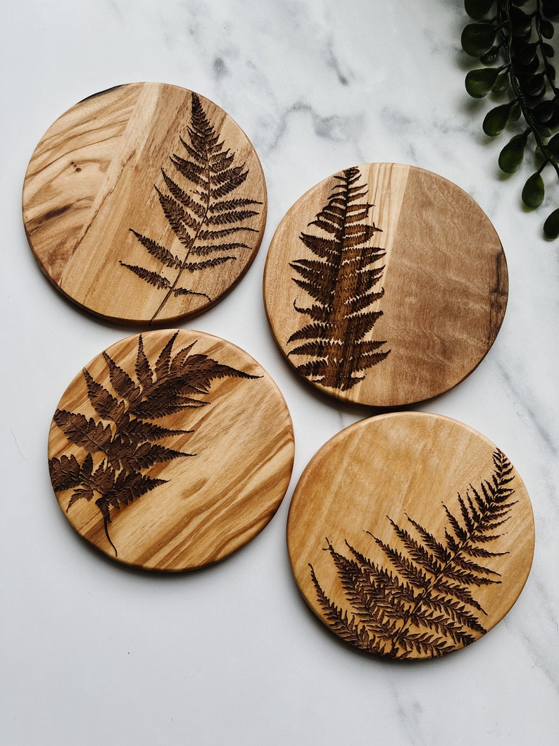 Fern Coaster Set, Set of 4, Wooden Coasters, Olive Wood, Wood Grain, Botanical image 2