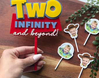 Two Infinity and Beyond Cake Topper, Toy Story Birthday Decorations , Buzz Lightyear Woody Face Picks, Custom Birthday Party Decor