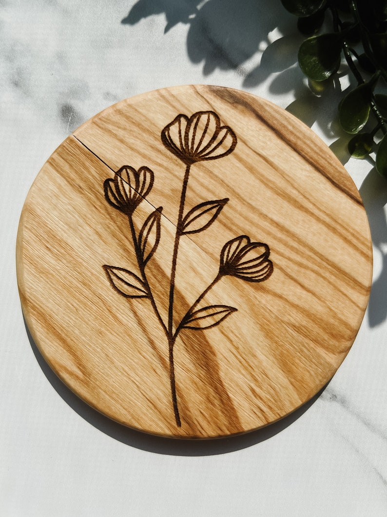 Wildflower Coaster Set Set of 4 Wooden Coasters Olive Wood Wood Grain Floral image 7