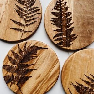 Fern Coaster Set, Set of 4, Wooden Coasters, Olive Wood, Wood Grain, Botanical image 1