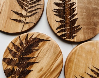Fern Coaster Set, Set of 4, Wooden Coasters, Olive Wood, Wood Grain, Botanical