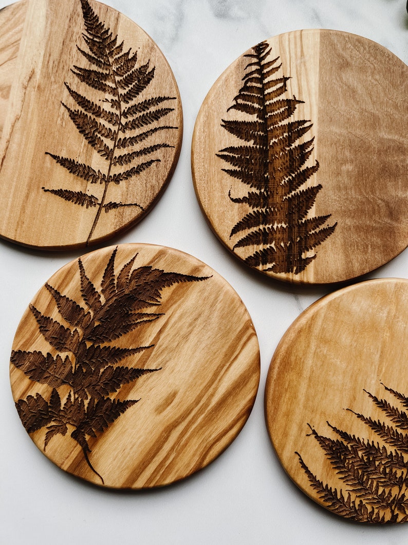 Fern Coaster Set, Set of 4, Wooden Coasters, Olive Wood, Wood Grain, Botanical image 1