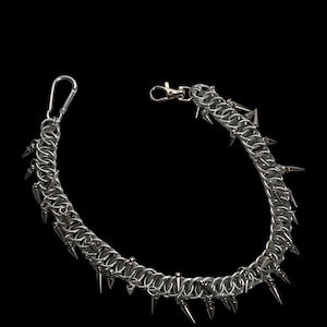 May include: A silver-colored chain with pointed spikes, featuring a carabiner clip on one end and a lobster clasp on the other. The chain is designed with multiple small, interconnected rings, and the spikes are evenly spaced along its length.