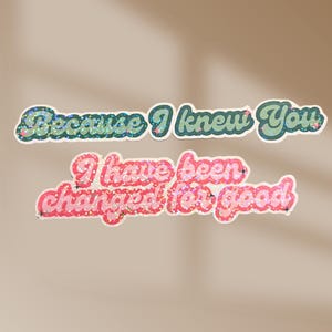 May include: Two stickers with text. The top sticker reads "Because I knew You" in a retro font with a teal and green color scheme. The bottom sticker says "I have been changed for good" in a pink and red color scheme.