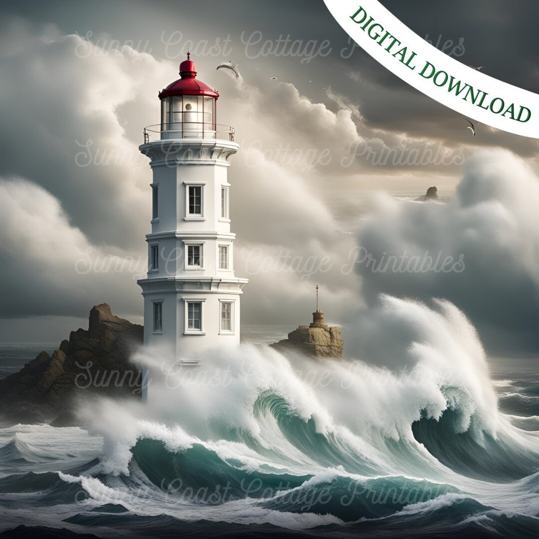 WHITE LIGHTHOUSE in Rough Seas Digitally Created Artwork Digital ...