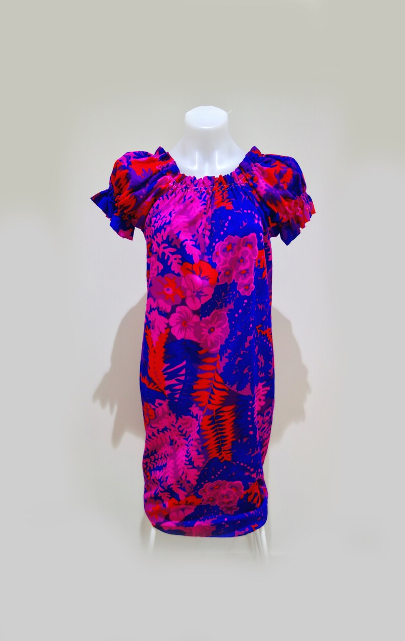 Vintage Retro Very Bright Colourful Flower Pattern Elastic Puff Sleeve Dress