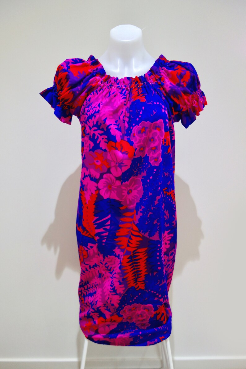 Vintage Retro Very Bright Colourful Flower Pattern Elastic Puff Sleeve Dress