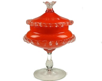 Impressive Vintage Murano Glass Orange Tangelo Compote or Candy Dish with Opaline Finish to Interior and Rigaree Pattern