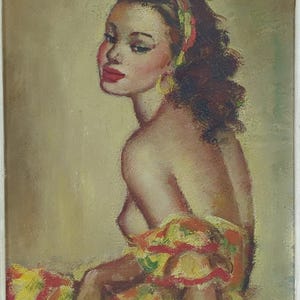 Vintage French Oil Painting, Risque Study Of A Lady Painting Signed By Artist Harmine, Framed 1950s Wall Art, Mid Century Decor