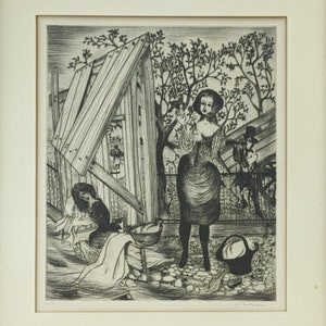 Vintage French Remy Hetreau Etching On Paper Signed And Numbered, Original Wall Art, Les Lavandières Print