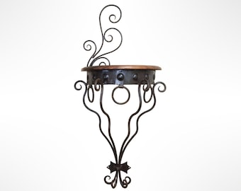 French Vintage Artisan Made Wrought Iron And Hand Forged Iron And Wood Wall Console Shelf