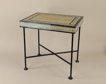 Bone Inlay Table Hand Crafted With Hand Painted Decoration, Original Sofa End Table, Iron And Wood Coffee Table, Home Decor