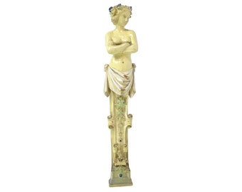 Statue antique en terre cuite, France, grande cariatide en faïence émaillée belge, élément de majolique féminin suspendu au mur en poterie,