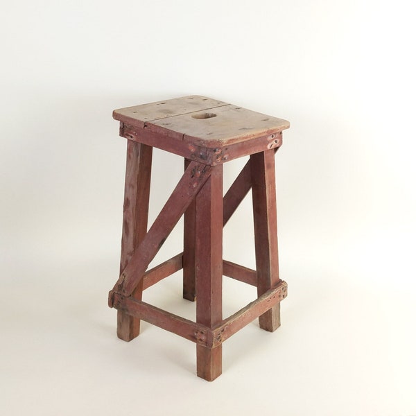 Primitive Antique 1920s Rustic French Four Leg Wood Stool For A Machinists Atelier In Wabi Sabi Style