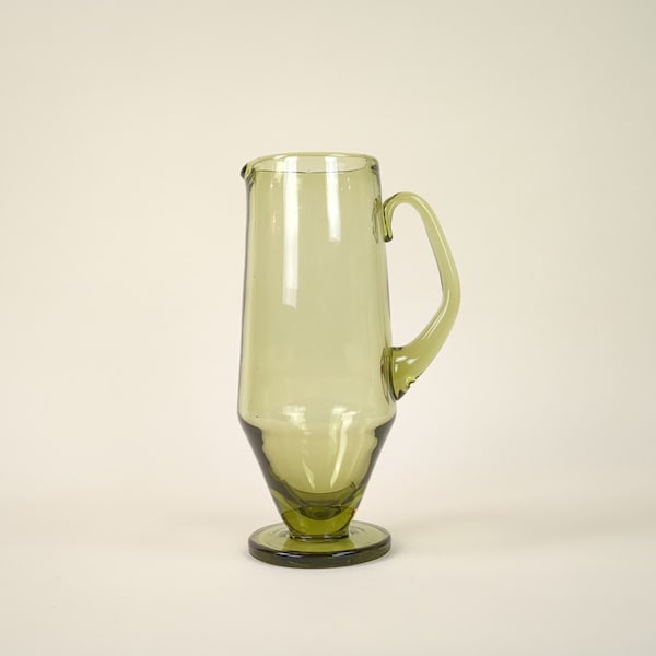 Vintage Scandinavian Green Glass Pedestal Foot Pitcher, Mid Century Tableware, Sculptural Glass Jug