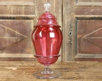Antique Early 19th Century Large Hand Blown Led Glass Cranberry Rose Apothecary Glass Jar With Lid Ruby Gold Pedestal Candy Jar Perfect Gift