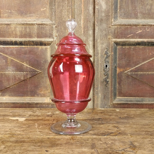 Antieke begin 19e eeuw grote Hand geblazen Led glas Cranberry Rose apotheker glazen pot met deksel Ruby gouden sokkel Candy Jar perfecte cadeau