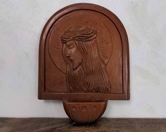 1940s French Folk Art Wood Holy Water Font, Hand Carved Wooden Religious Jesus Plaque, Christian Home Decor